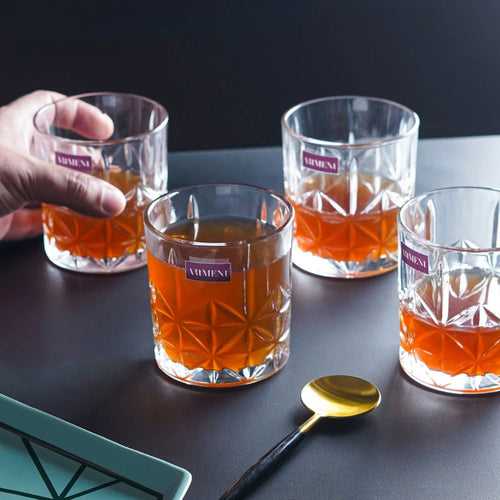 The Artment Carved Classics 360 ML Whiskey Glass Set | Transparent | Set of 4 Pcs