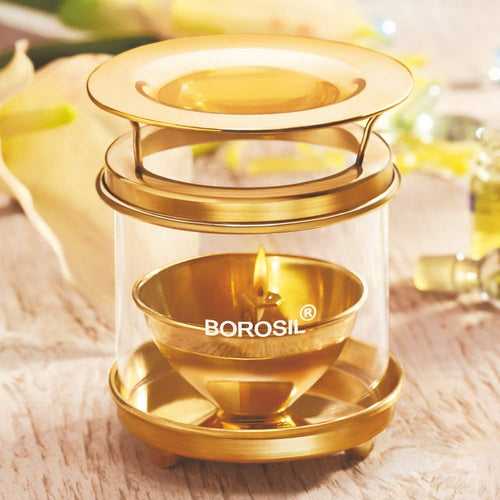 Borosil Brass Diffuser Diya with Borosil Glass Chimney | 1 Pc