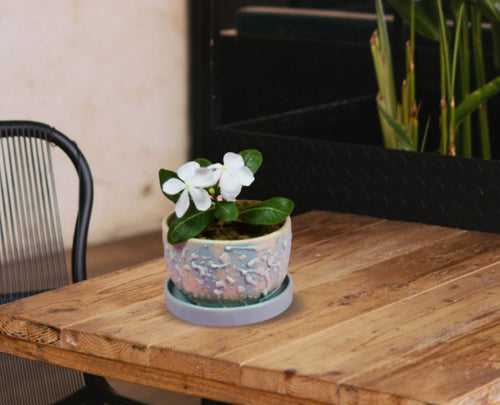 Softel Ceramic Textured Planter with Base | Blue | Perfect for Gifts | 1 Pc