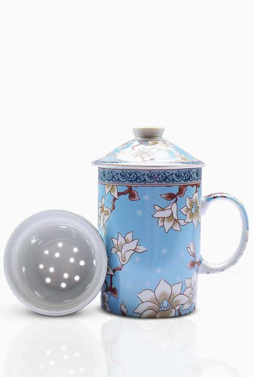 Ornate Tea Infuser Mug with Strainer and Lid Blue Base