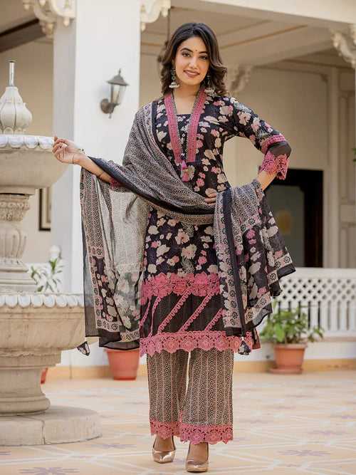 Black Floral Print Pakistani Style Kurta Trouser And Dupatta Set With Lace Work