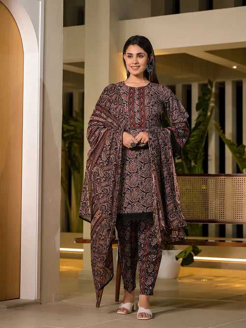 Black Pure Cotton Paisley Print Pakistani Style Kurta And Trousers With Dupatta Set