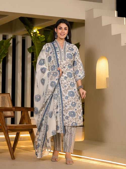Blue And Off White Floral Print Cotton Straight Style Kurta And Trousers With Dupatta