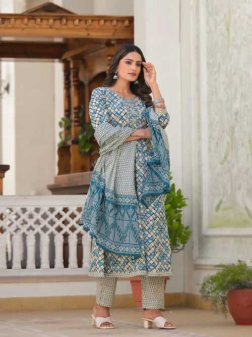Blue Checkered Print Anarkali Kurta Trouser With Dupatta Set