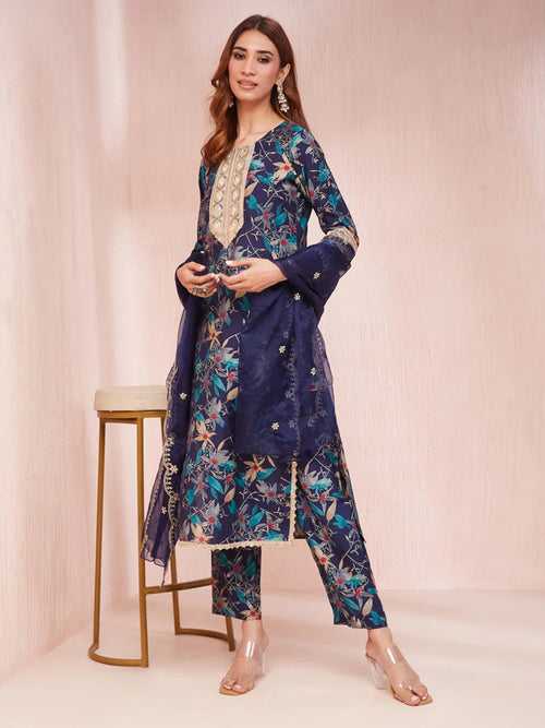 Blue Floral Print Sequins_Work Straight Kurta Trouser And Dupatta Set