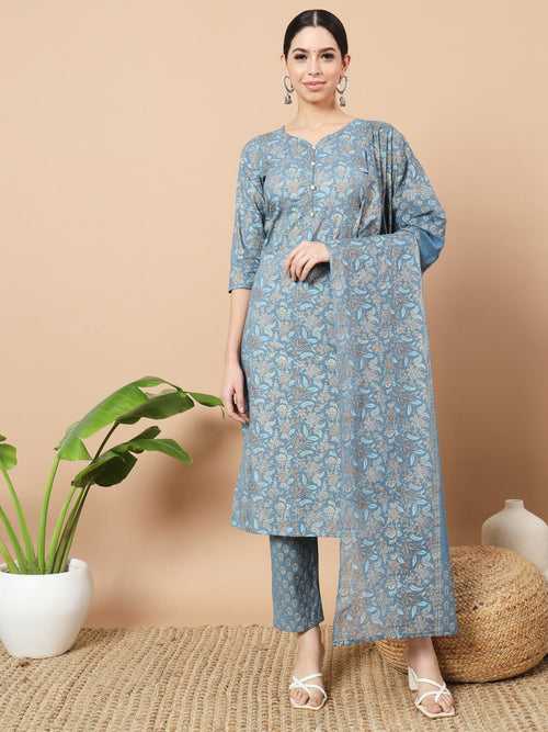 Blue Foli Print Cotton Kurta Dupatta Set