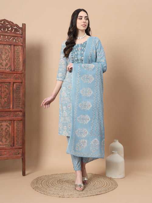 Blue Printed Cotton Kurta Dupatta Set