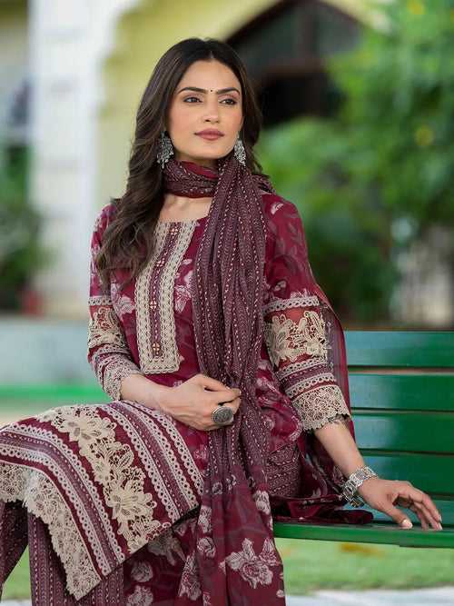 Cotton Printed Pakistani Maroon Kurta Dupatta Set With Lace Work