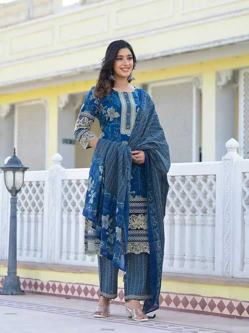 Cotton Printed Pakistani Navy Blue Kurta Dupatta Set With Lace Work