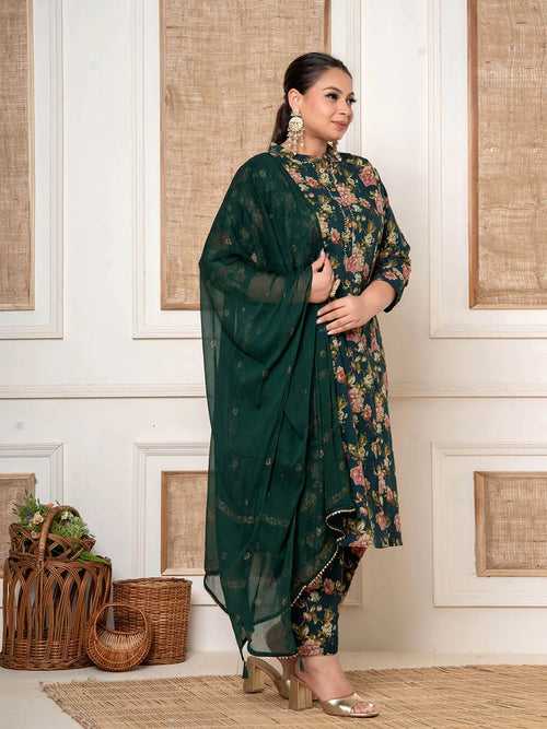 Green Kantha_Work Cotton Plus Size Kurta And Pant With Dupatta Set