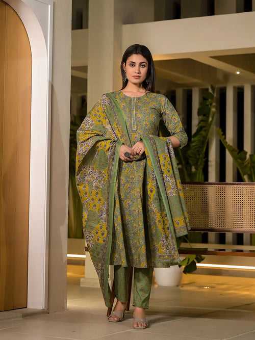 Green Thread Work Cotton Anarkali Style Kurta And Trousers With Dupatta Set