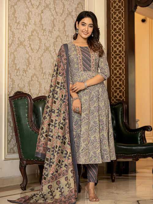 Grey Leaf Print Cotton Anarkali Kurta Trouser And Dupatta Set