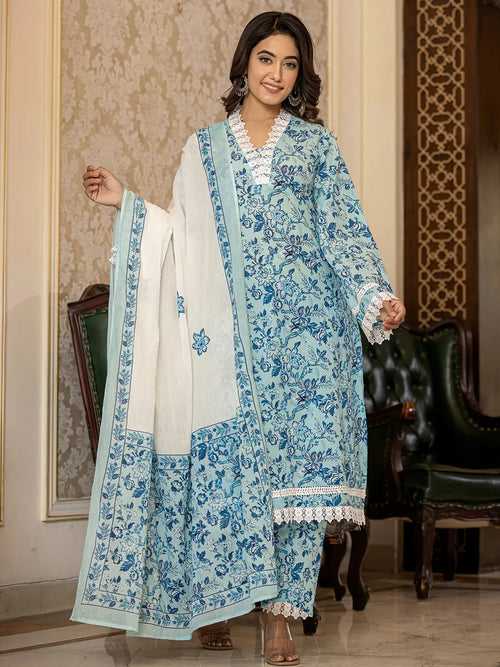 Light Blue Floral Print Straight Pakistani Style Kurta Trouser And Dupatta Set