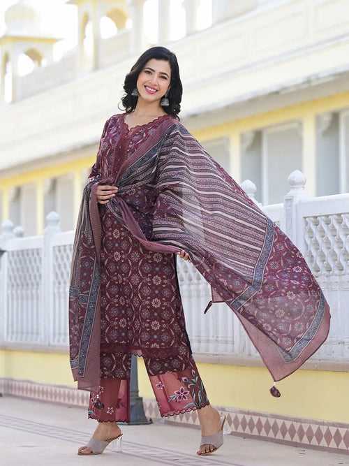 Maroon Ethnic Motifs Pakistani Style Kurta Trouser And Dupatta Set