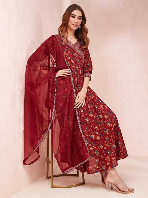 Maroon Floral Print Zari_Work Anarkali Kurta Trouser And Dupatta Set