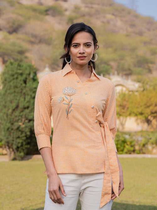 Mustard Cotton Checks Print Top With Embroidery