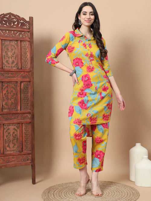 Mustard Cotton Co-Ord Set With Floral Print Button Detailing