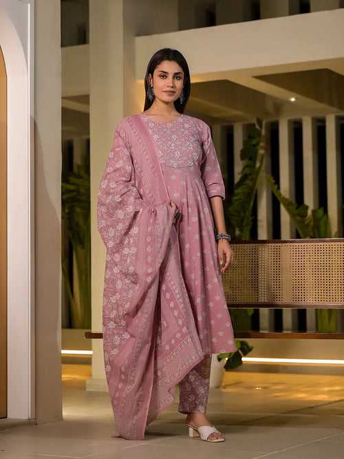 Pink Floral Print Cotton Anarkali Style Kurta With Trousers With Dupatta Set