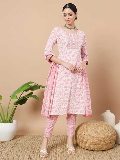 Pink Floral Print Sequins_Work Straight Kurta Trouser And Dupatta Set