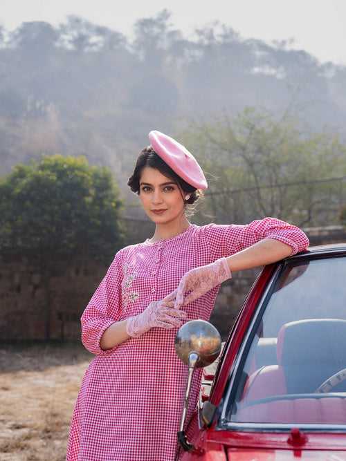 Pink Gingham Cotton Maxi Dress