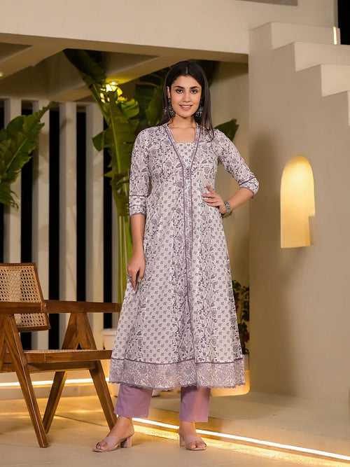 Purple Floral Print A-Line Kurta And Trouser Set