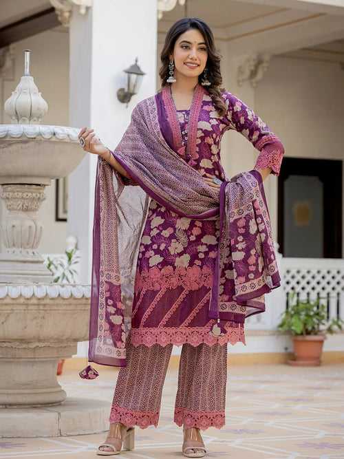 Purple Floral Print Pakistani Style Kurta Trouser And Dupatta Set With Lace Work