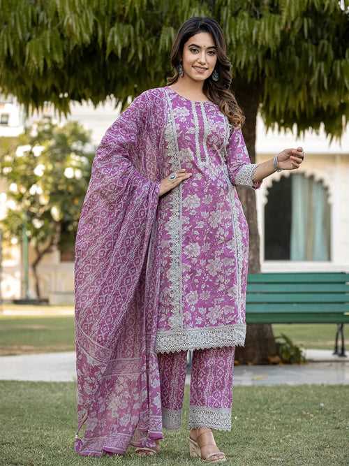 Purple Floral Print Straight Pakistani Style Kurta Trouser And Dupatta Set With Lace Work