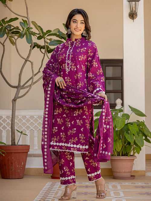 Purple Floral Print Straight Pakistani Style Kurta Trouser And Dupatta Set