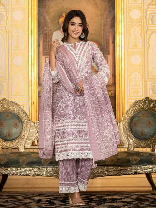 Purple Lacework Pakistani Style Kurta Trouser And Dupatta Set