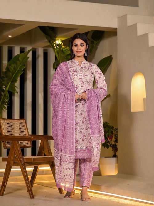 Purple Leaf Print Cotton Pakistani Style Kurta With Trousers With Dupatta Set