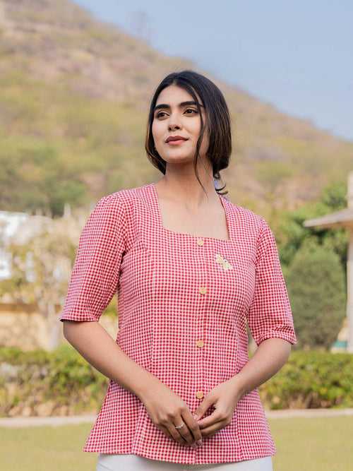 Red Cotton Checks Printed Top