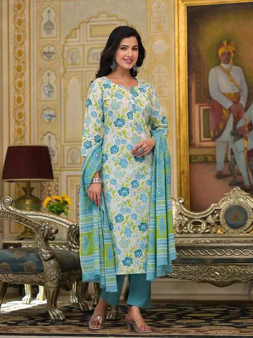 Teal Green Floral Print Straight Button Show On Yoke Kurta Trouser And Dupatta Set