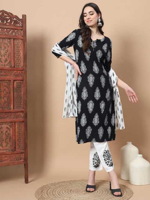 Women Black Paisley Print Rayon Kurta With Hand Block Print Palazzo & Dupatta