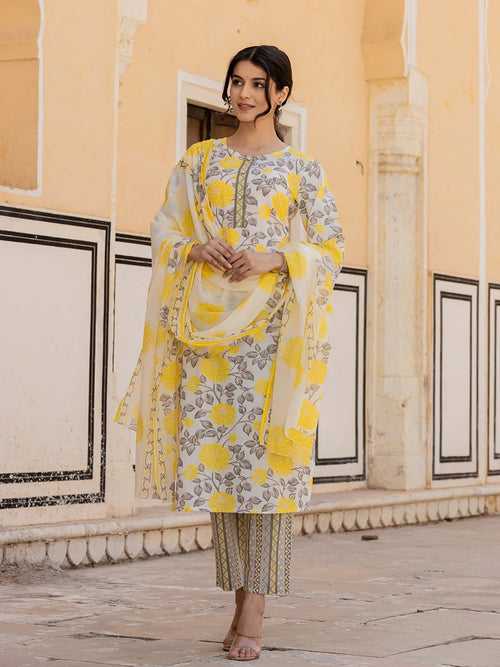 Yellow Floral Print Straight Kurta Trouser And Dupatta Set