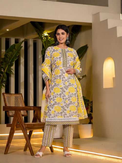Yellow Pure Cotton Floral Print Kurta With Trousers And Dupatta Set