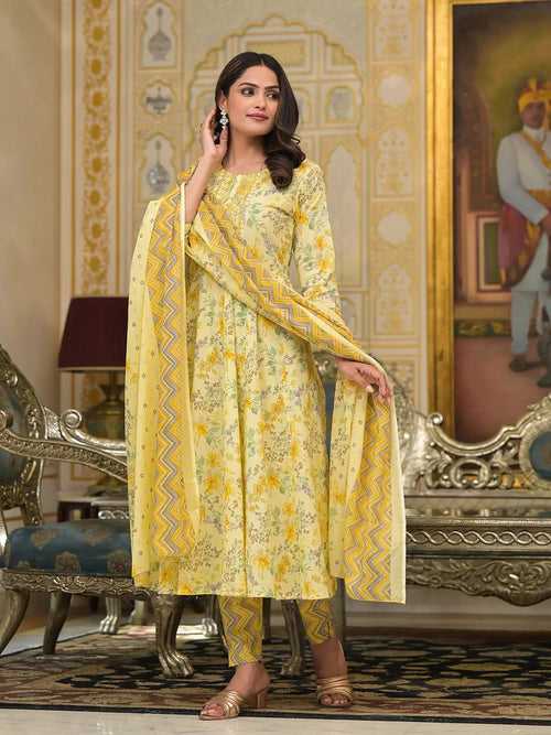 Yellow Sequins_Work Anarkali Kurta Trouser And Dupatta Set