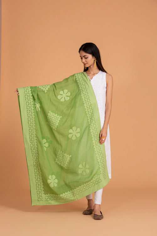 Duppatta Floral Diamond Applique Cotton with Khuddi Design Border, Light Green