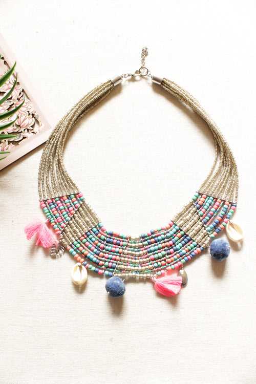 Vibrant Pink, Blue and Silver Beads Handmade Necklace Embellished with Pom Poms and Shells