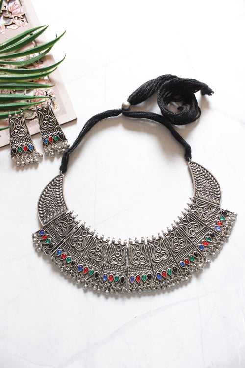 Oxidised Silver Finish Intricately Detailed Glass Stones Embedded Adjustable Length Choker Necklace Set