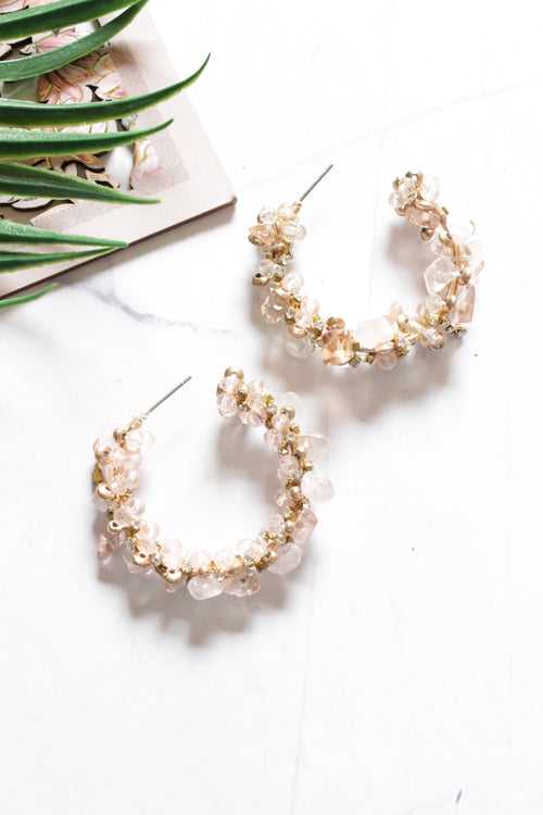 Ivory Glass Beads and Matt Gold Finish Metal Accents Hoop Earrings