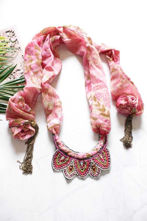 Shades of Pink Beads Semi Circular Handmade Necklace with Fabric Scarf Closure