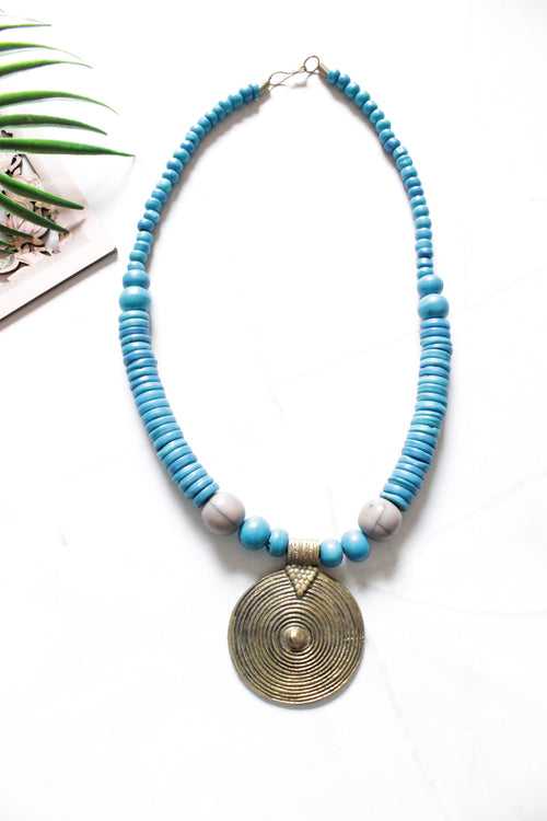 Bronze Finish Circular Pendant and Blue Wooden Beads Necklace
