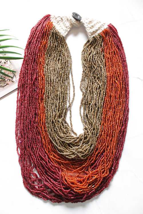 Bronze, Orange and Red Multi-Layer Hand Braided Necklace with Button Closure