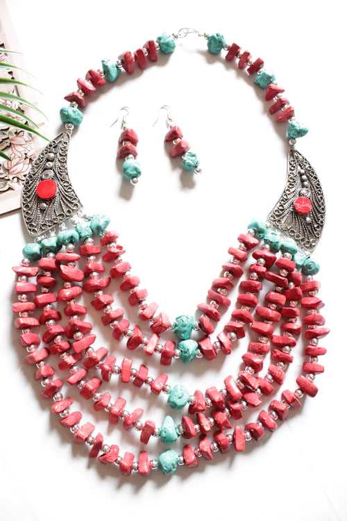 Blue & Red Flower Bone Beads Handcrafted Multi-Layer African Tribal Necklace