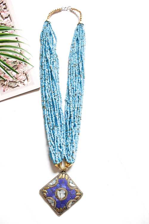 Gold Toned Tibetan Pendant Blue Beads Hand Braided Multi-Layer Necklace