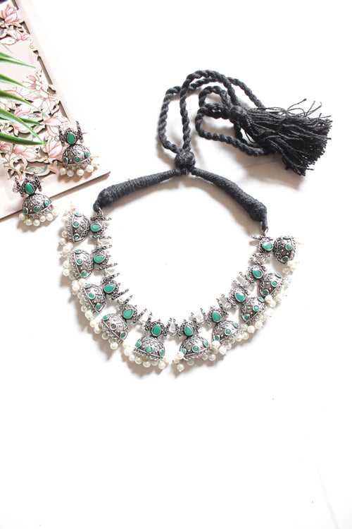 Oxidised Finish Choker Necklace Set Embedded with Green Stones and Jhumka Earrings