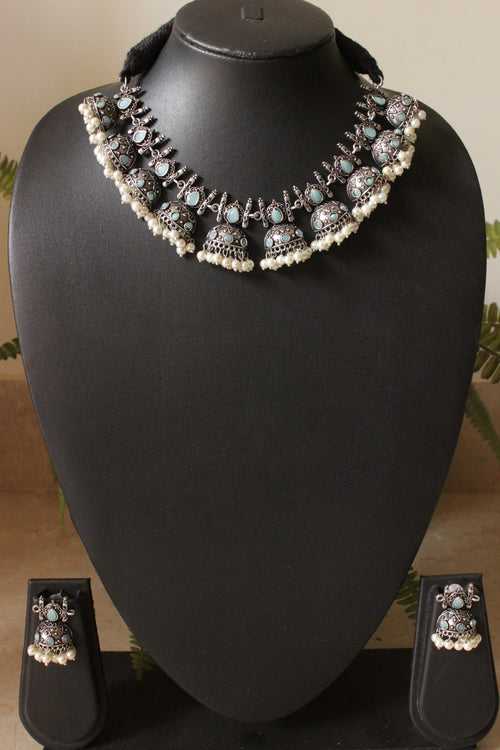 Oxidised Finish Choker Necklace Set Embedded with Turquoise Stones and Jhumka Earrings