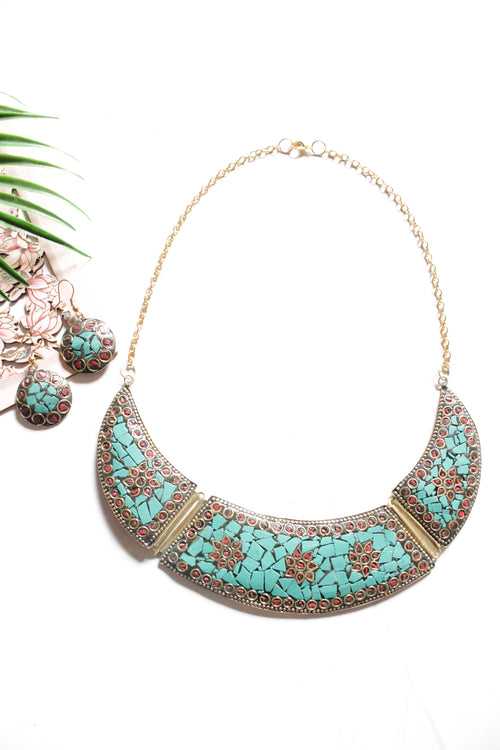 Turquoise Tibetan Hasli Style Gold Toned Chain Closure Necklace