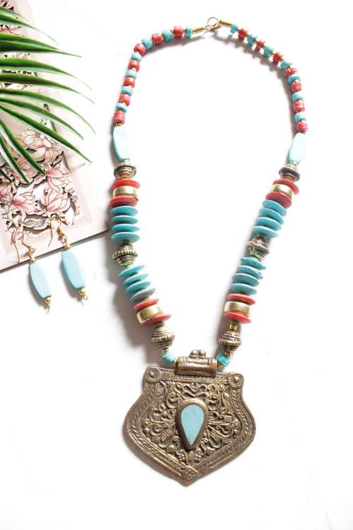 Bronze Finish Tribal Pendant Necklace Set with Blue and Red Braided Beads
