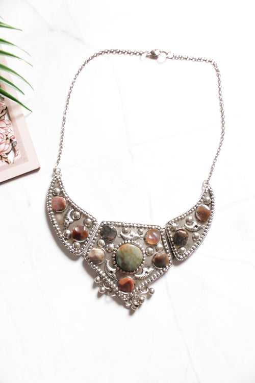 Raw Natural Gemstones Embedded Silver Finish Hasli Style Tribal Necklace